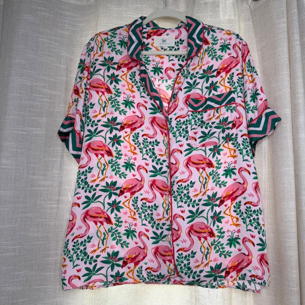 Printfresh Flock of Flamingos Pajama Top Short Sleeve Pink Green Women's Large